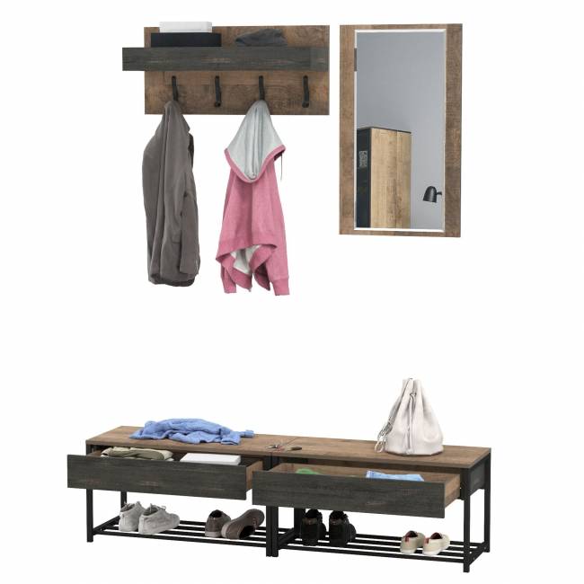 Две обувницы с сиденьем с зеркалом и вешалкой Трувор цвет дуб гранж песочный/интра