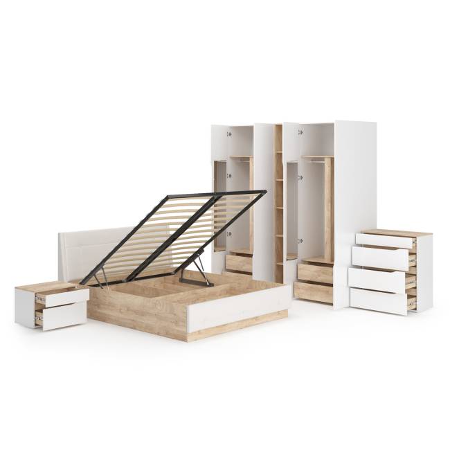 Мебель в спальню Муссон № 5 цвет белый/дуб эндгрейн элегантный/искусственная кожа белая, кровать с подъёмным механизмом 1600