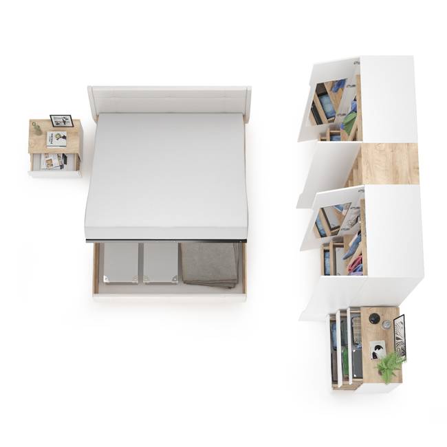 Мебель в спальню Муссон № 5 цвет белый/дуб эндгрейн элегантный/искусственная кожа белая, кровать с подъёмным механизмом 1600