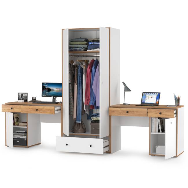 Два письменных стола и шкаф Вуди цвет белый премиум/дуб крафт золотой