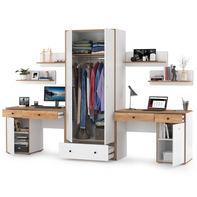 Мебель в детскую Вуди компоновка № 27 цвет белый премиум/дуб крафт золотой