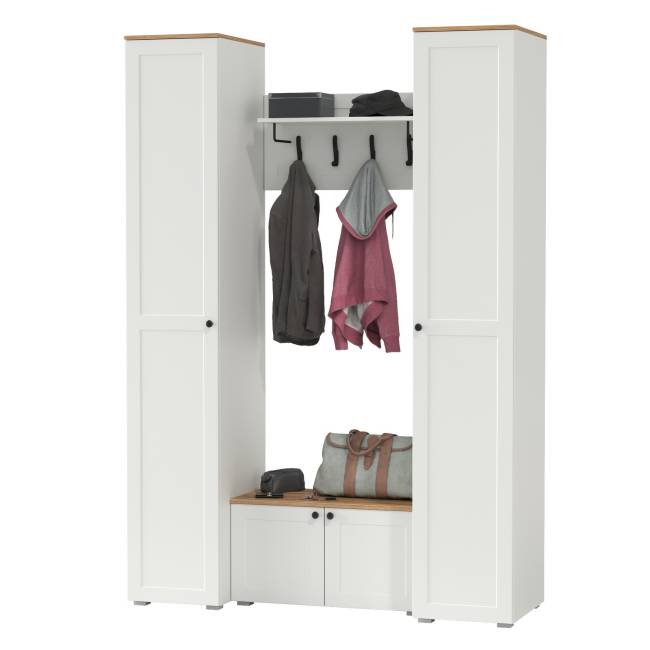 Два пенала в прихожую и тумба с вешалкой Остин цвет белый шагрень/дуб крафт золотой