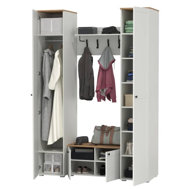 Два пенала в прихожую и тумба с вешалкой Остин цвет белый шагрень/дуб крафт золотой