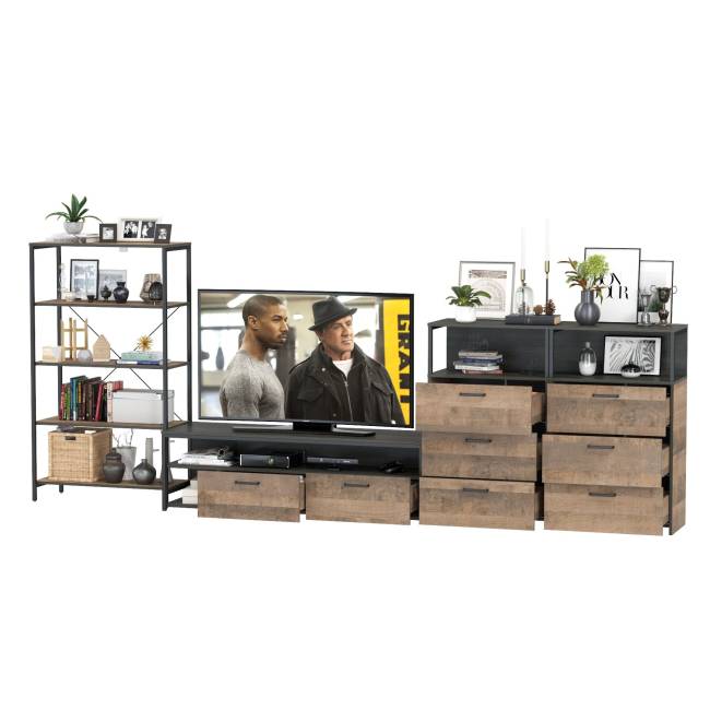 Стеллаж открытый с ТВ-тумбой и двумя комодами с тремя ящиками Трувор № 98 цвет дуб гранж песочный/интра Стеллаж открытый с ТВ-тумбой и двумя комодами с тремя ящиками Трувор № 98 цвет дуб гранж песочный/интра