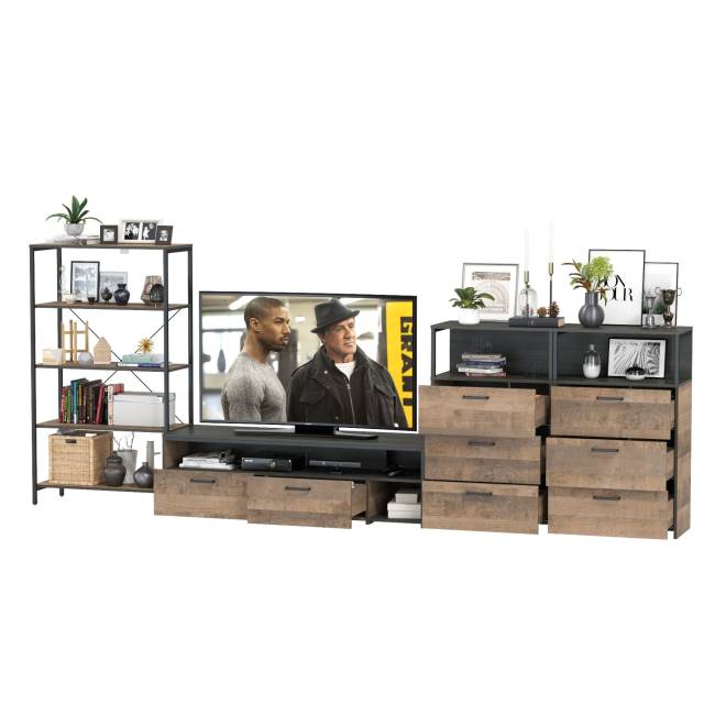 Стеллаж открытый с ТВ-тумбой и двумя комодами с тремя ящиками Трувор № 98 цвет дуб гранж песочный/интра Стеллаж открытый с ТВ-тумбой и двумя комодами с тремя ящиками Трувор № 98 цвет дуб гранж песочный/интра