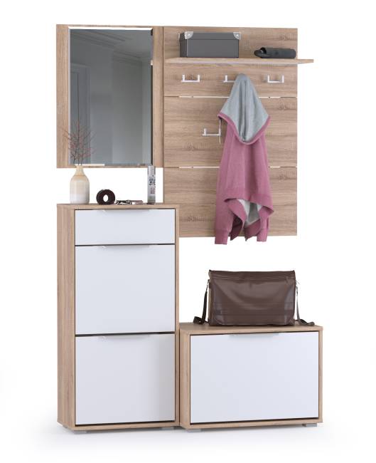 Высокая обувница и обувница с зеркалом и вешалкой для одежды Куба цвет дуб сонома/белый премиум