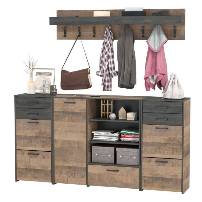 Две вешалки для одежды с полкой с двумя тумбами для обуви и комодом-тумбой с дверкой Трувор цвет дуб гранж песочный/интра